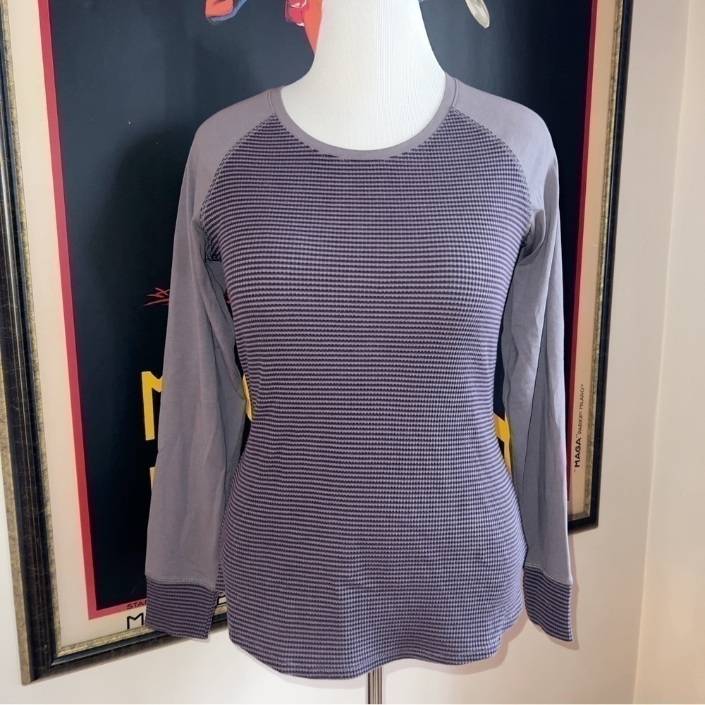 Columbia Scoop Neck Waffle Black Purple Striped Long Sleeved Henley Sz Large